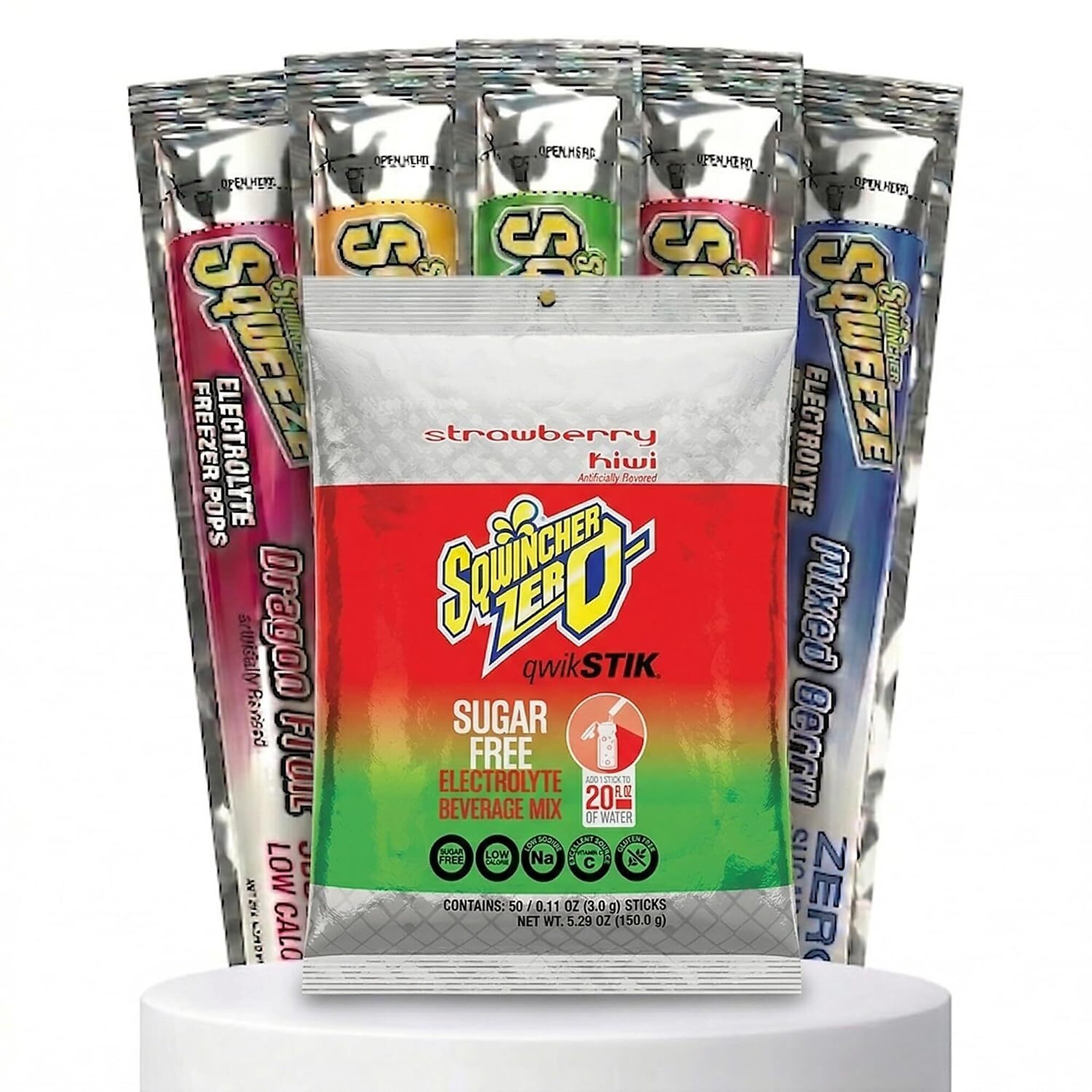 Sqwincher Bundle: Strawberry Kiwi Zero Qwik Stik 50 Pack and Sqweeze Sugar Free Freezer Pops 50 Count